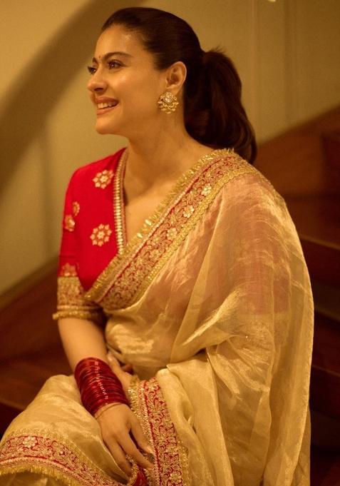 Cream Sequence Work Silk Saree Set