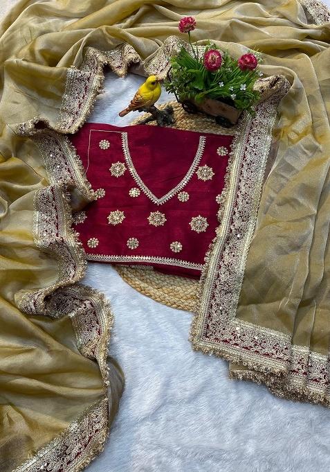 Cream Sequence Work Silk Saree Set