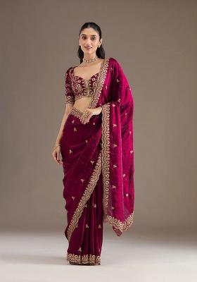 Rani Pink Sequence Work Silk Saree Set