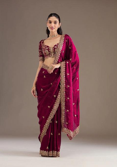 Rani Pink Sequence Work Silk Saree Set