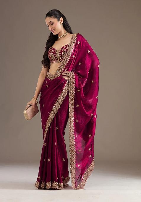 Rani Pink Sequence Work Silk Saree Set