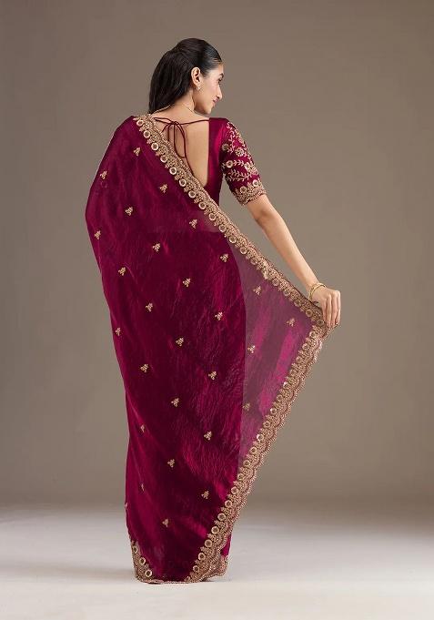 Rani Pink Sequence Work Silk Saree Set