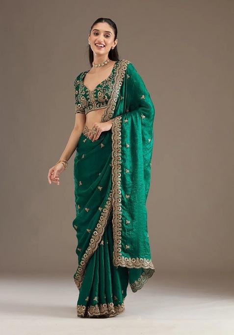 Green Sequence Work Silk Saree Set