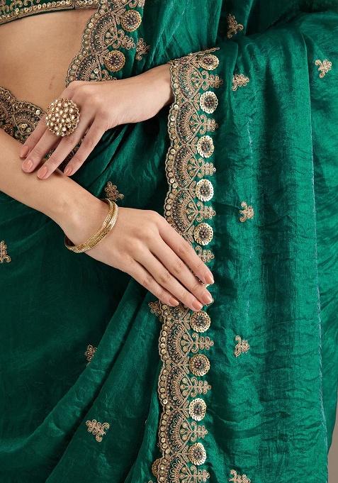 Green Sequence Work Silk Saree Set