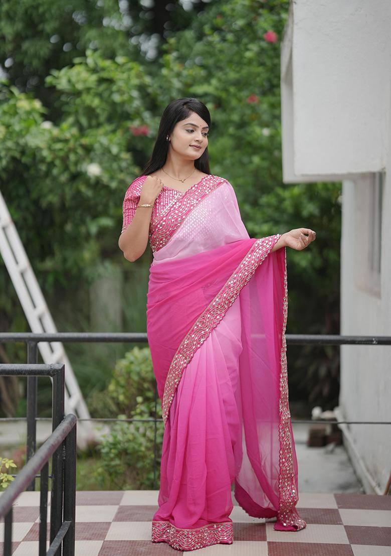 Rani Pink Mirror Work Georgette Saree Set