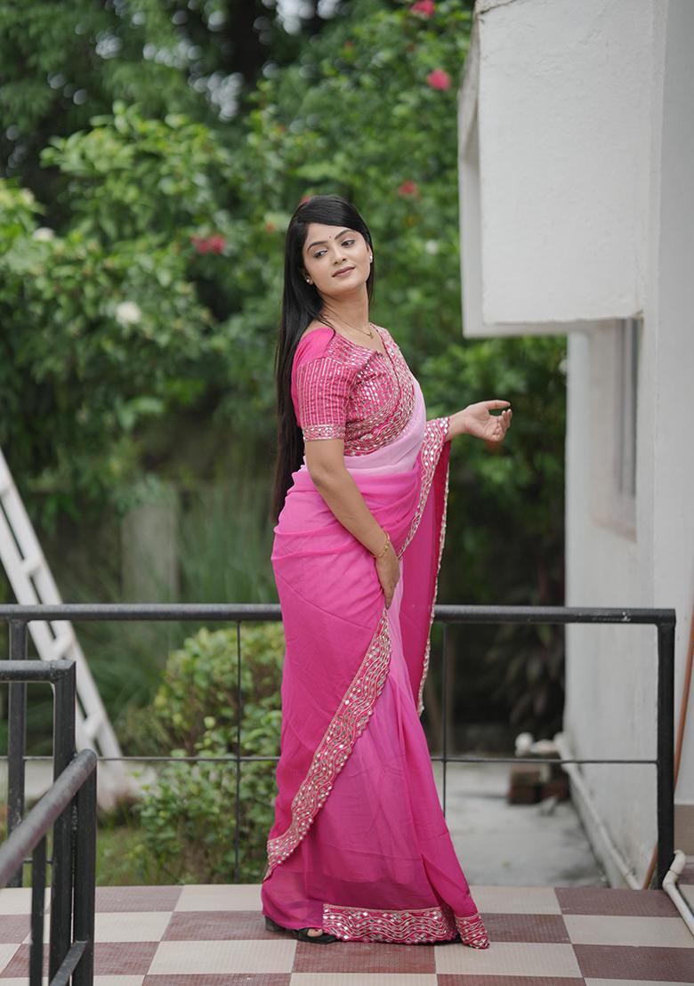 Rani Pink Mirror Work Georgette Saree Set