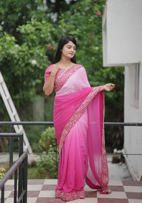 Rani Pink Mirror Work Georgette Saree Set