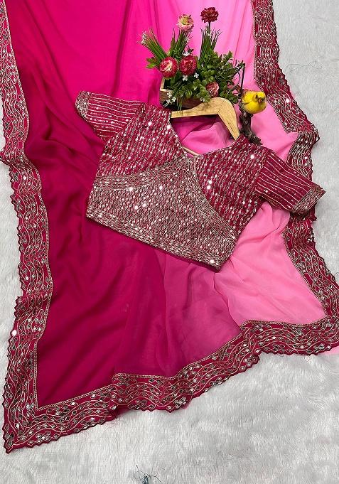 Rani Pink Mirror Work Georgette Saree Set