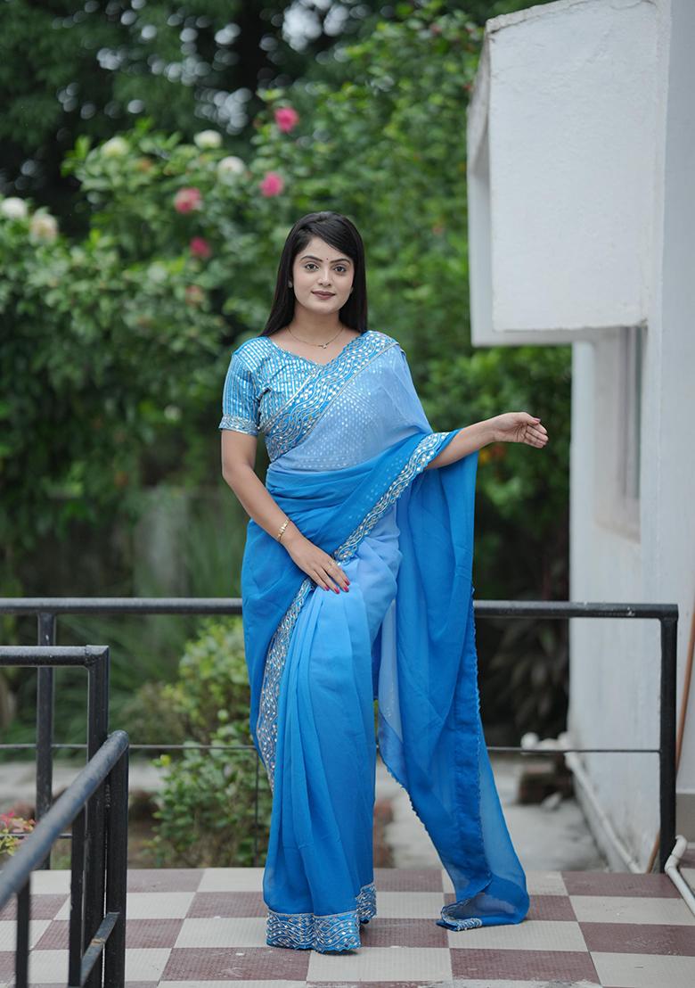 Royal Blue Mirror Work Georgette Saree Set