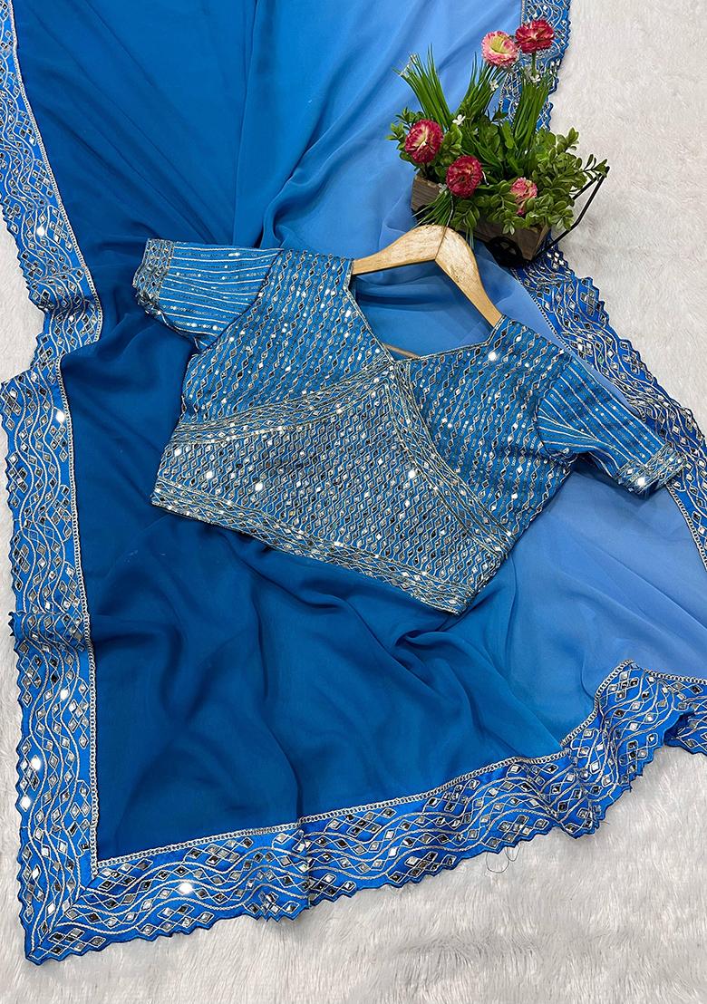 Royal Blue Mirror Work Georgette Saree Set