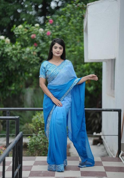 Royal Blue Mirror Work Georgette Saree Set