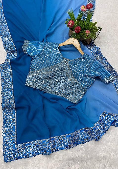 Royal Blue Mirror Work Georgette Saree Set