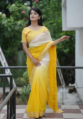 Yellow Mirror Work Georgette Saree Set