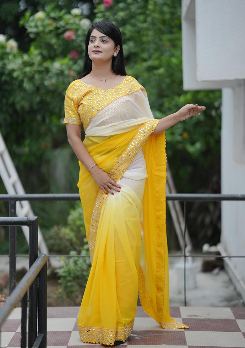 Yellow Mirror Work Georgette Saree Set