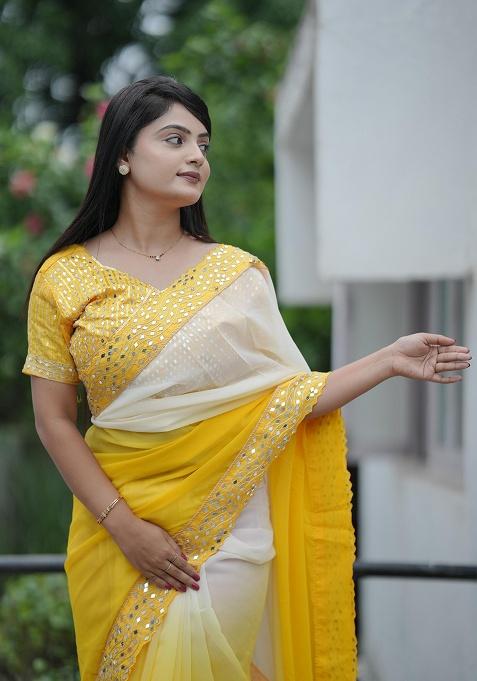 Yellow Mirror Work Georgette Saree Set