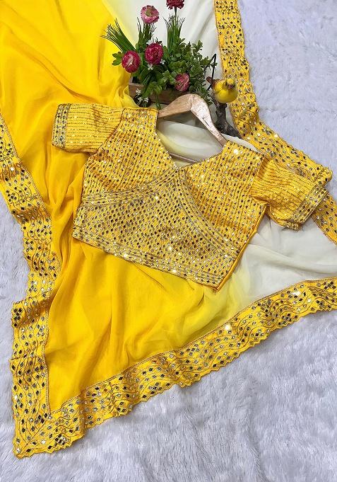 Yellow Mirror Work Georgette Saree Set