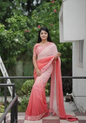 Red Mirror Work Georgette Saree Set