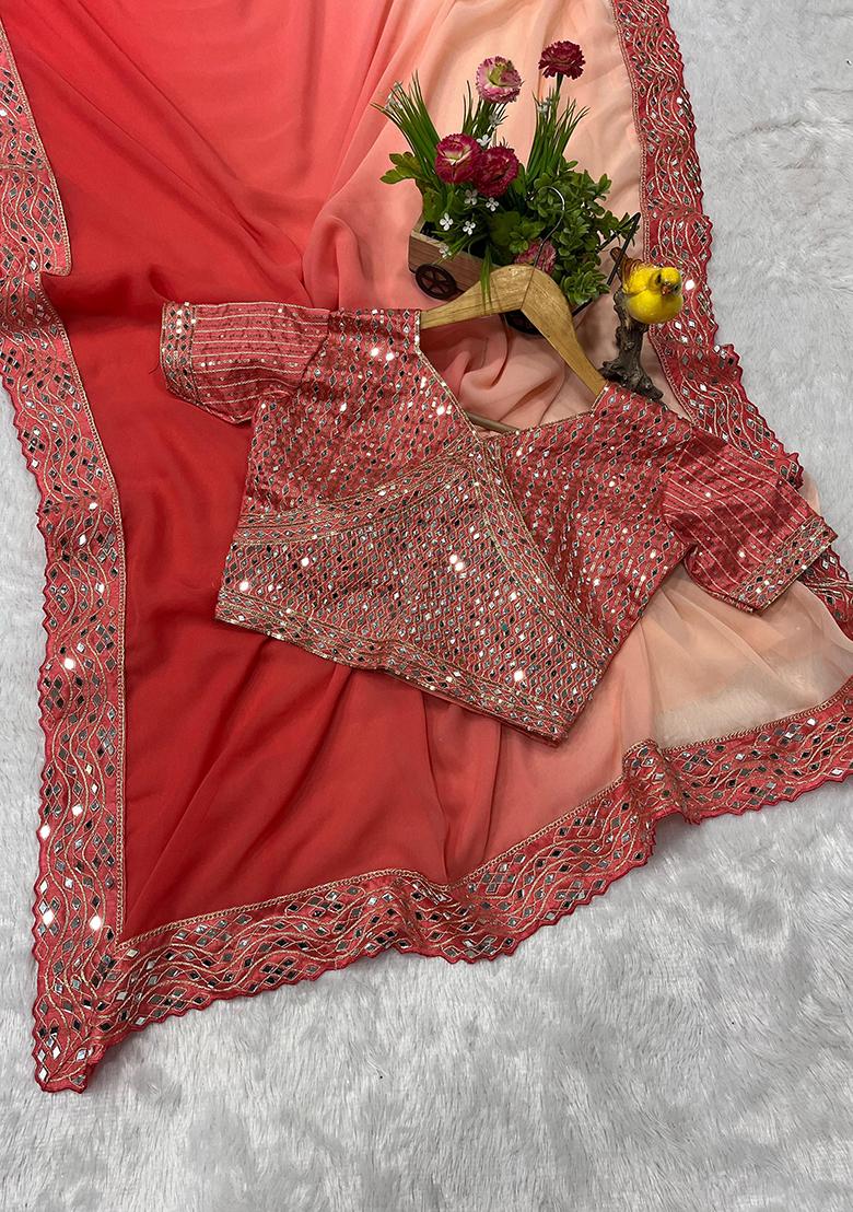 Red Mirror Work Georgette Saree Set