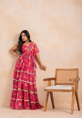 Pink Printed Georgette Saree Set