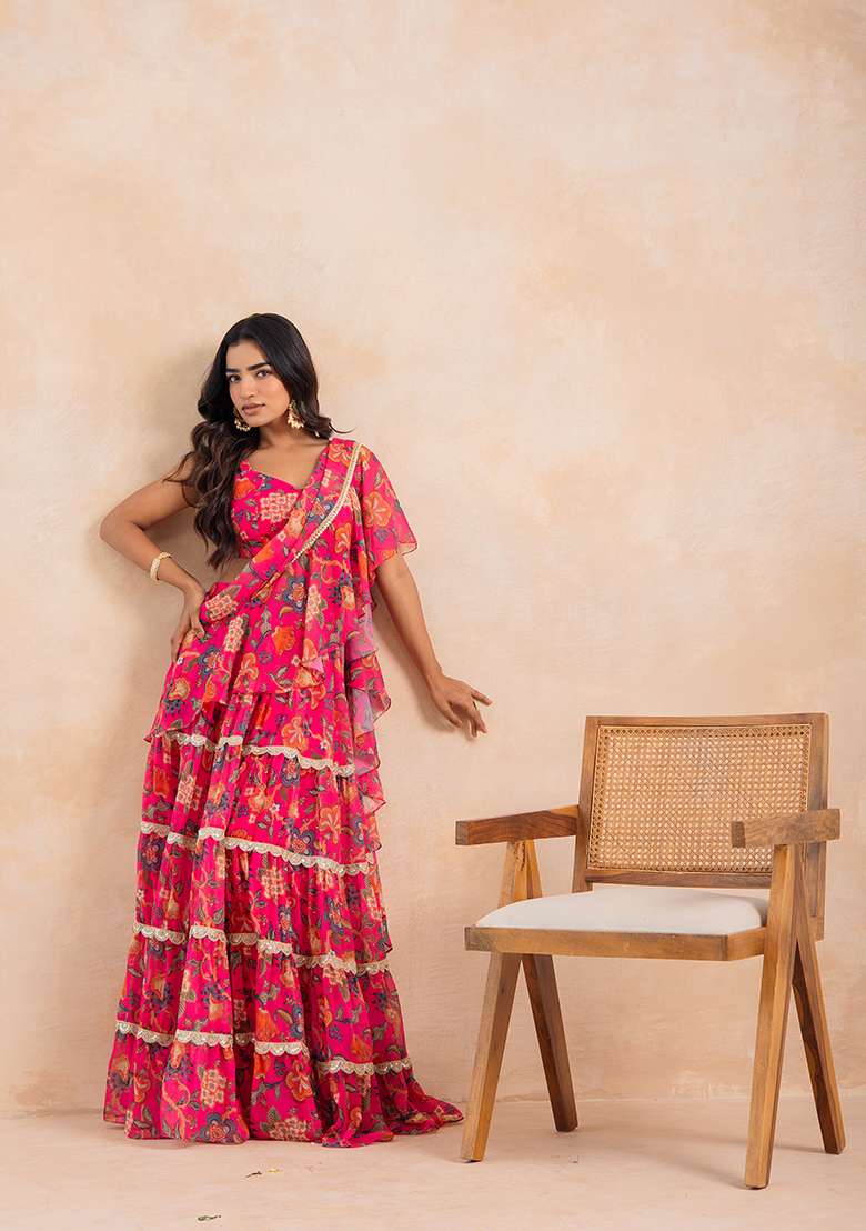 Pink Printed Georgette Saree Set - Indya