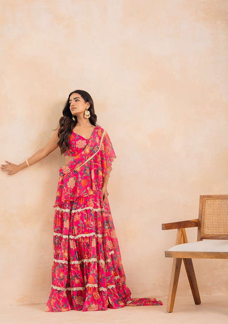 Pink Printed Georgette Saree Set - Indya