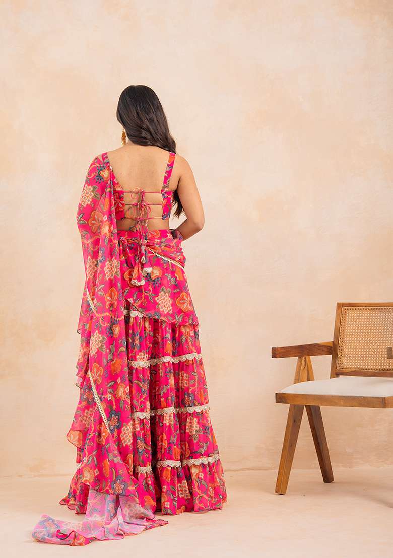 Pink Printed Georgette Saree Set - Indya