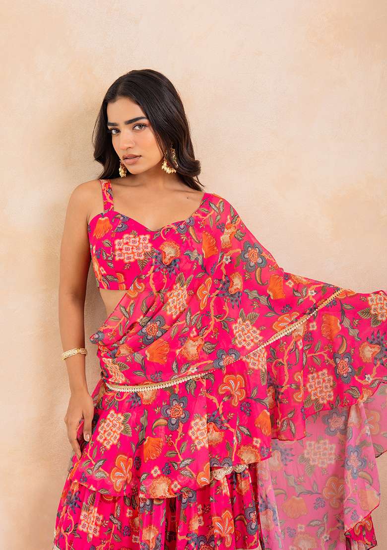 Pink Printed Georgette Saree Set - Indya