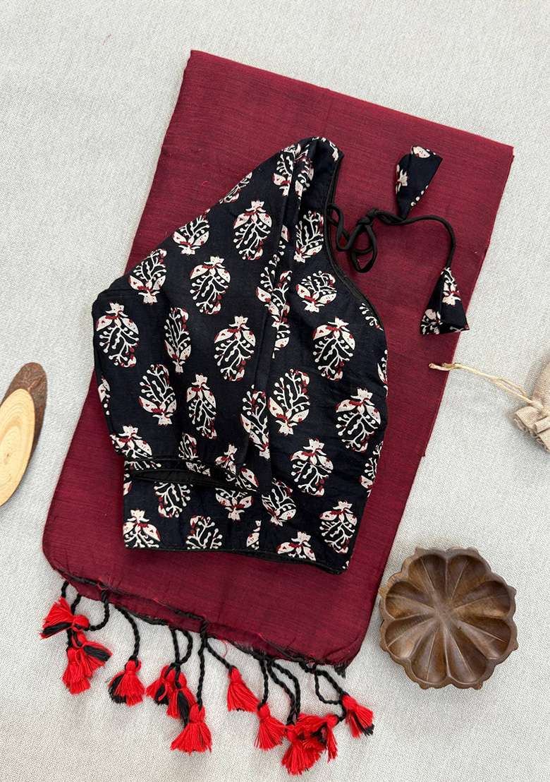 Maroon Ikat Silk Saree Set - Indya