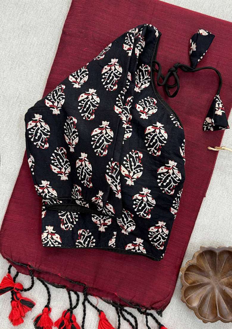 Maroon Ikat Silk Saree Set - Indya