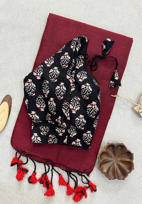 Maroon Ikat Silk Saree Set