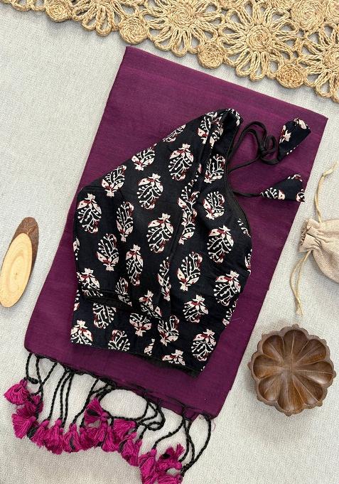 Wine Ikat Silk Saree Set