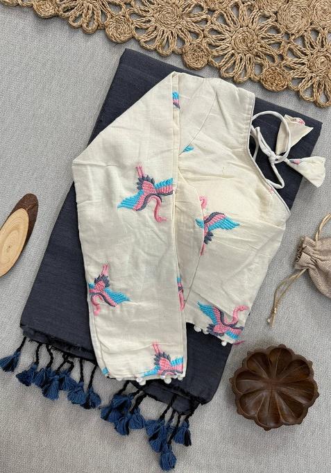 Grey Ikat Silk Saree Set