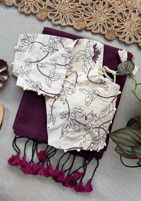 Wine Ikat Silk Saree Set