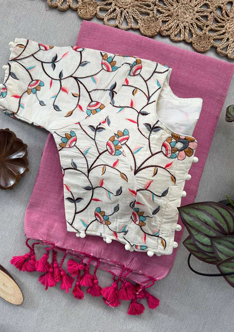 Baby Pink Ikat Silk Blend Saree Set - Indya