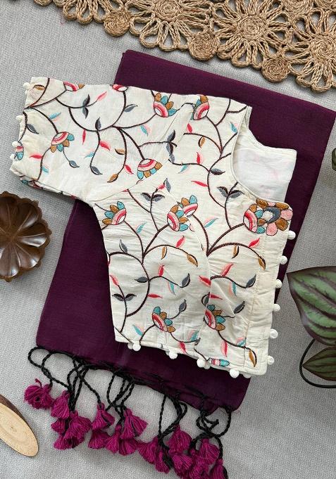 Wine Ikat Silk Saree Set