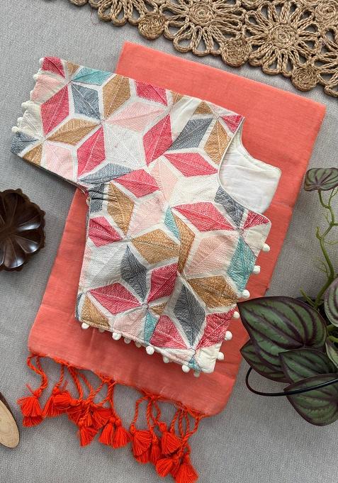 Peach Ikat Silk Saree Set