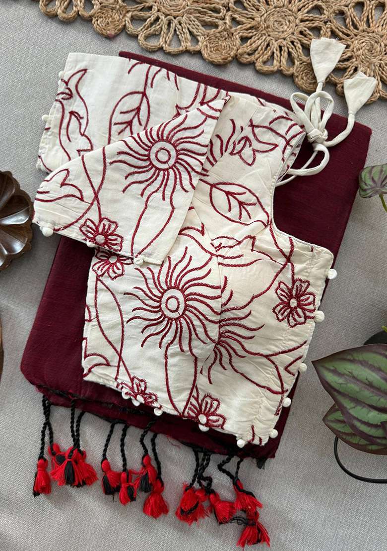 Maroon Ikat Silk Saree Set - Indya