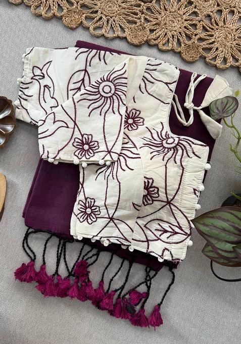 Wine Ikat Silk Saree Set