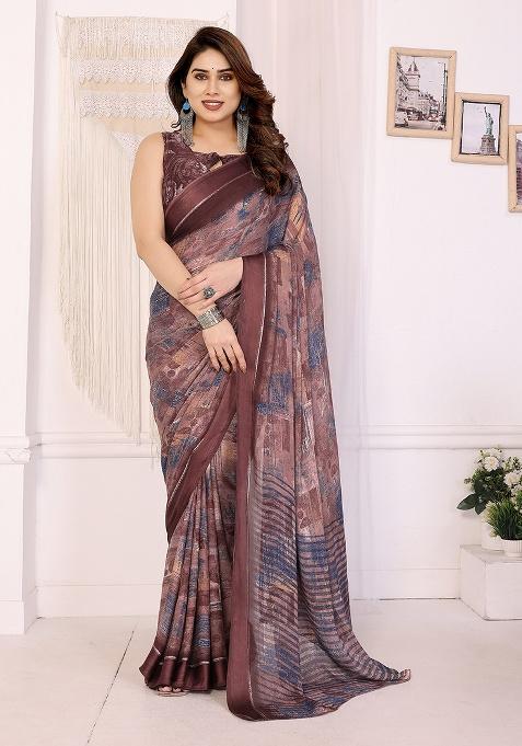 Brown Printed Satin Saree Set