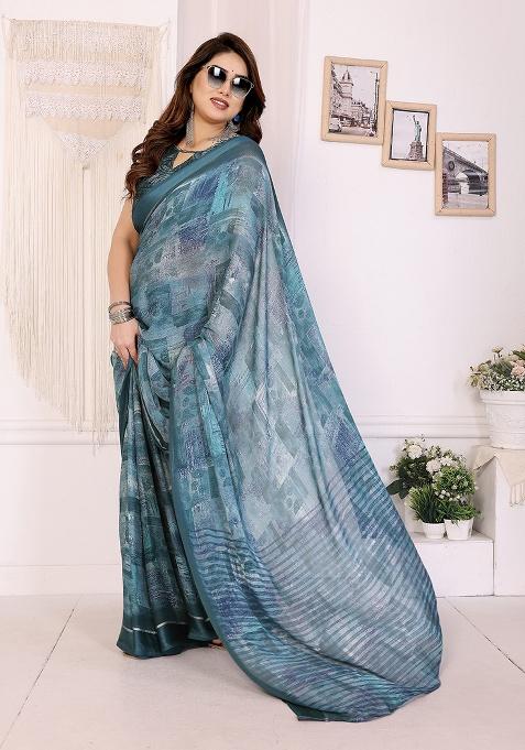 Blue Printed Satin Saree Set