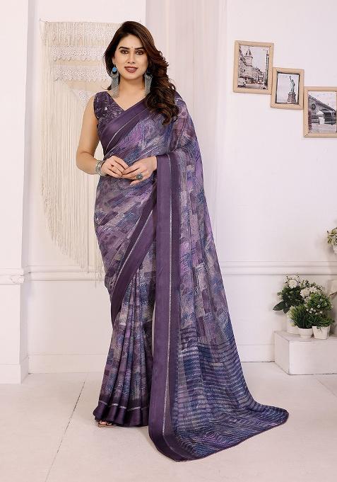 Purple Printed Satin Saree Set