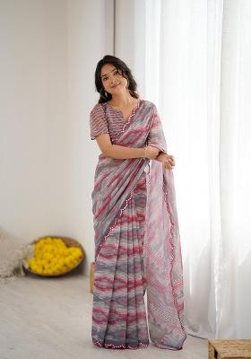 Grey Printed Georgette Saree Set