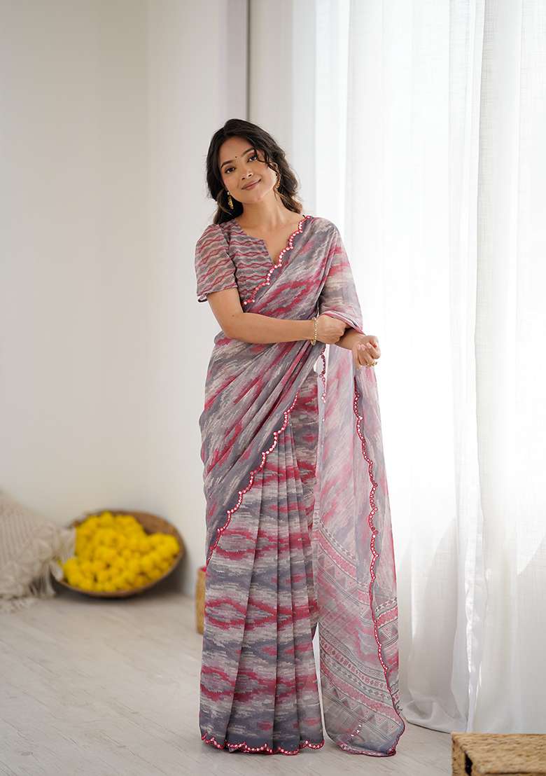 Grey Printed Georgette Saree Set for Diwali and Festive Wear - Indya
