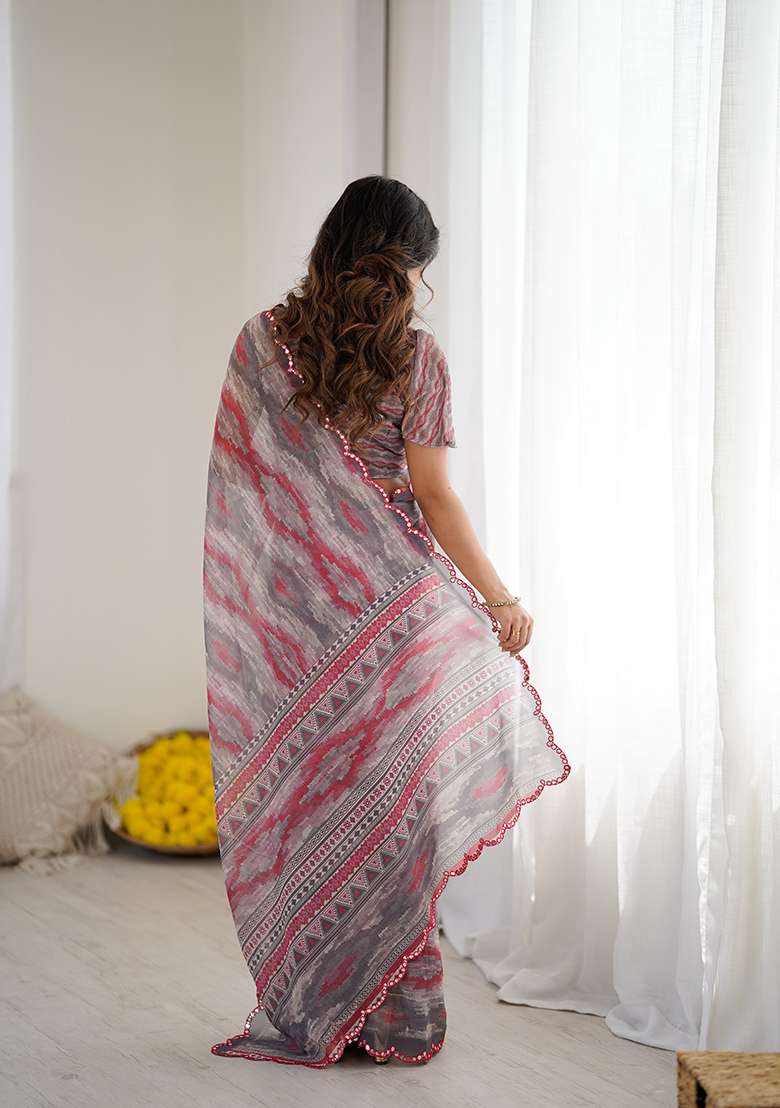 Grey Printed Georgette Saree Set for Diwali and Festive Wear - Indya