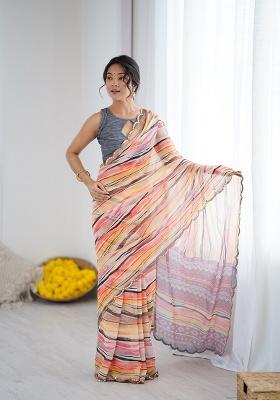 Orange Printed Georgette Saree Set