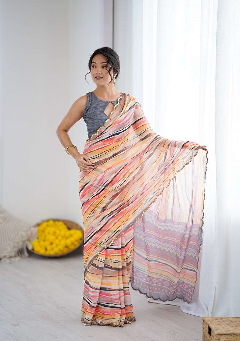 Orange Georgette Saree Set with Printed for Diwali | Wedding & Festive Wear - Indya