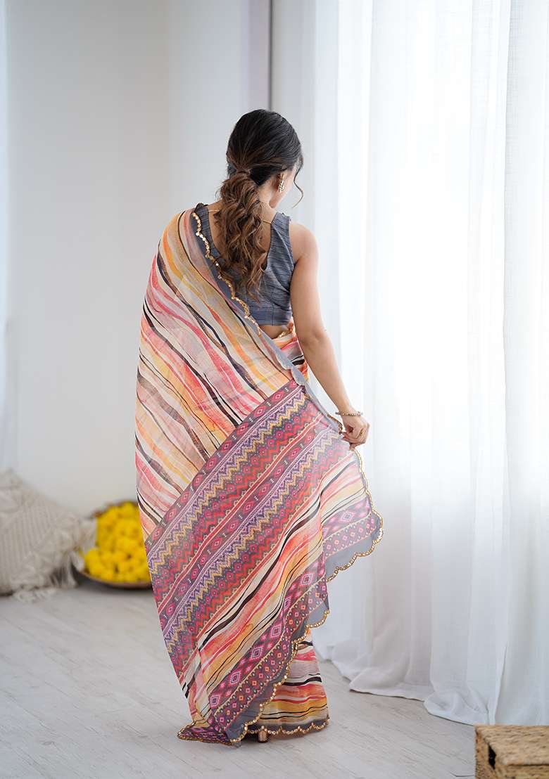 Orange Georgette Saree Set with Printed for Diwali | Wedding & Festive Wear - Indya