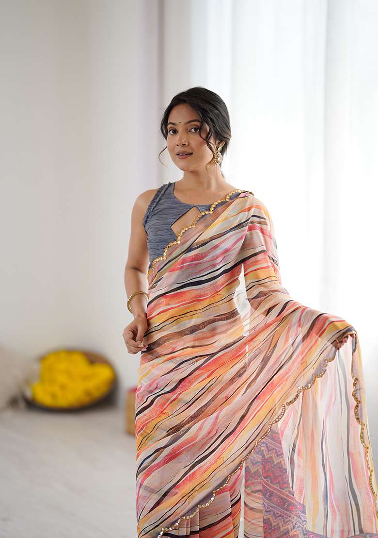 Orange Georgette Saree Set with Printed for Diwali | Wedding & Festive Wear - Indya