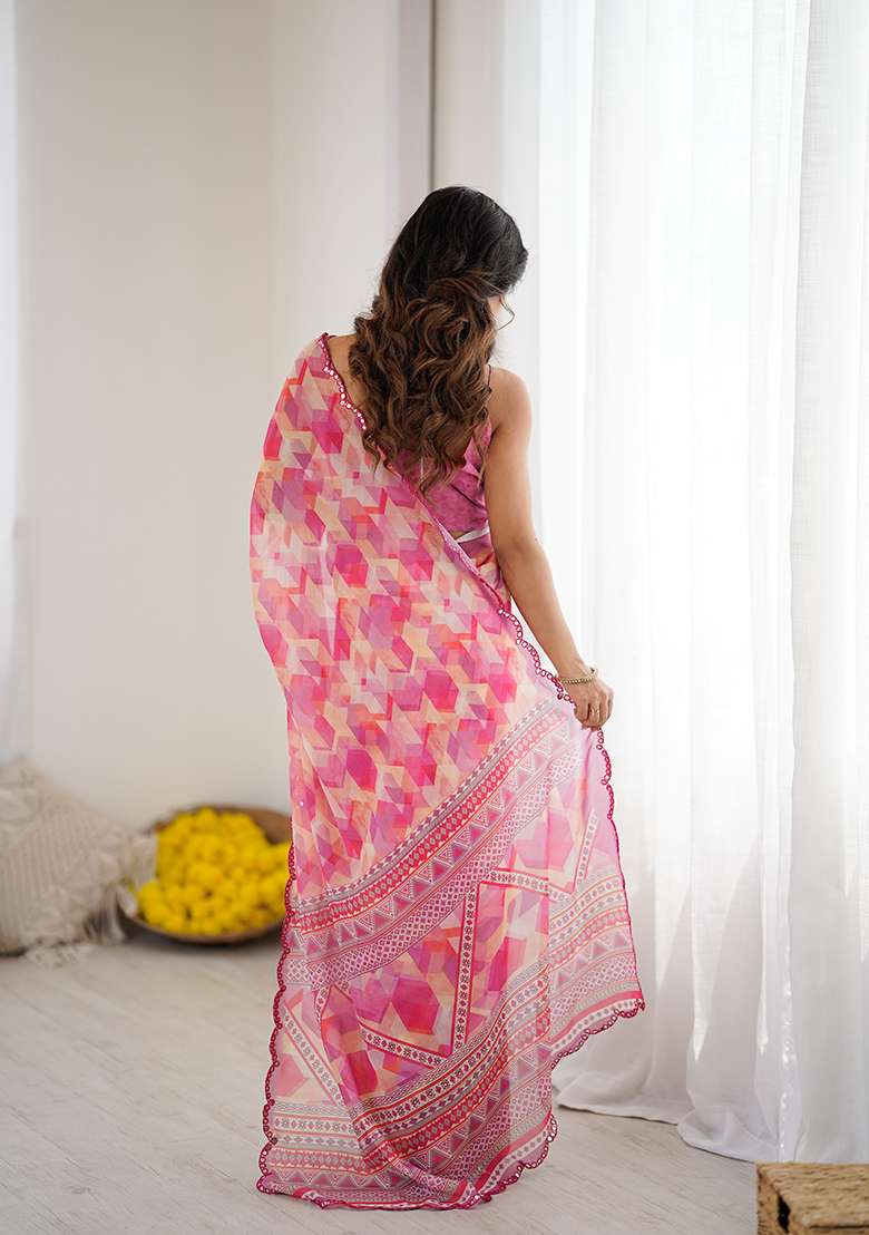 Pink Printed Georgette Saree Set for Diwali and Festive Wear - Indya