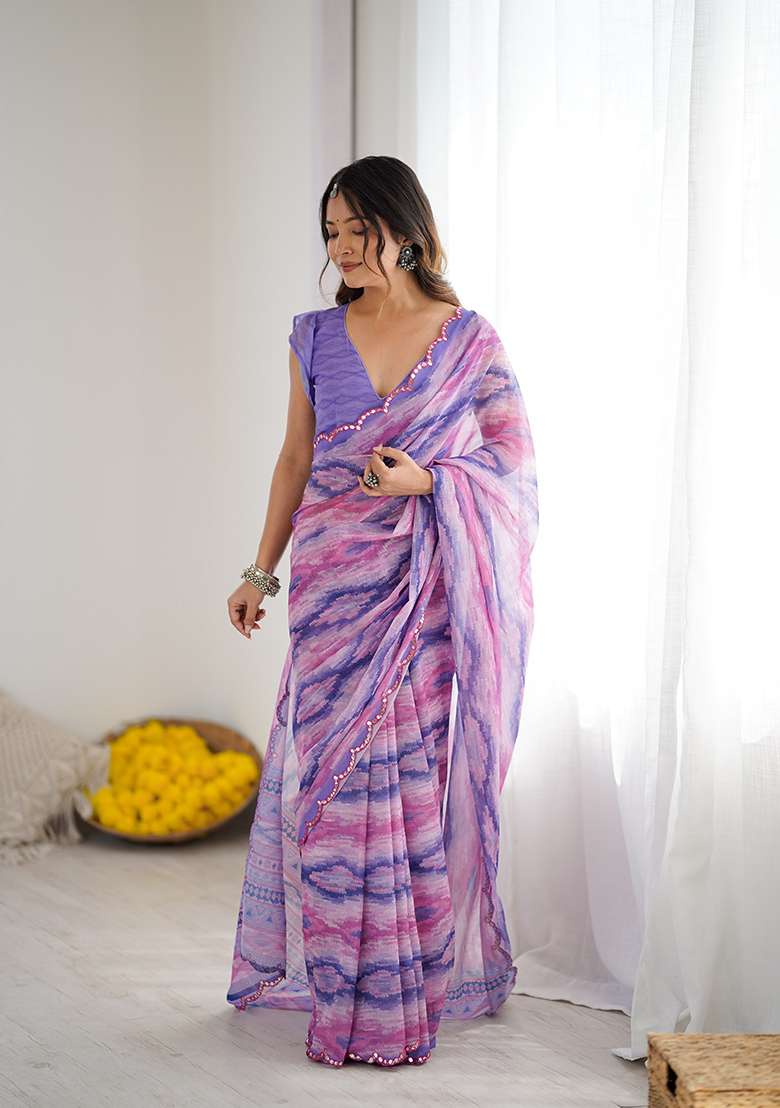 Purple Georgette Saree Set with Printed for Diwali | Wedding & Festive Wear - Indya